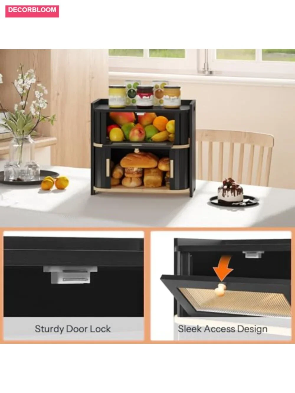 2-Tier Bamboo Bread Box with Roll-Top Sliding Door, Acrylic Window, Ventilated